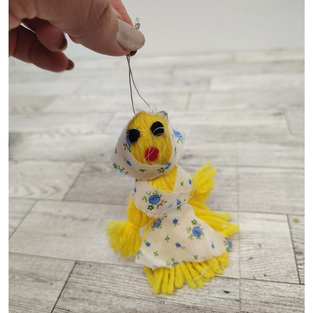 Vintage Yellow Yarn Doll Ornament Handmade Folk Art Countrycore Hanging Decor